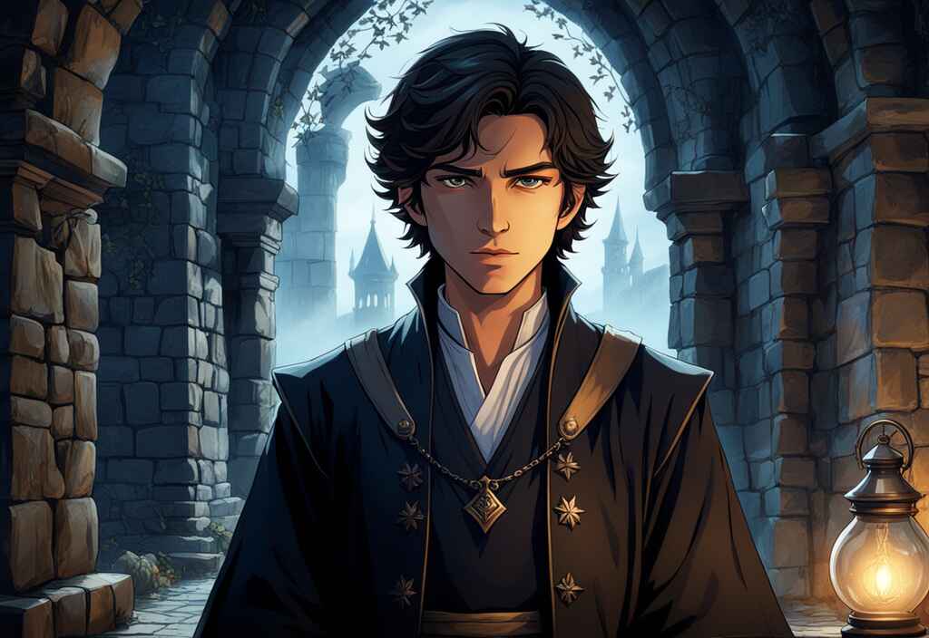 Um personargem de boa aparência olhando para frente de cabelo preto e com cenário medieval atrás.